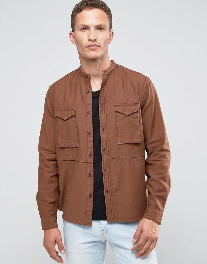 Asos Military Shirt With Grandad Collar In Rust In Regular Fit - Brown