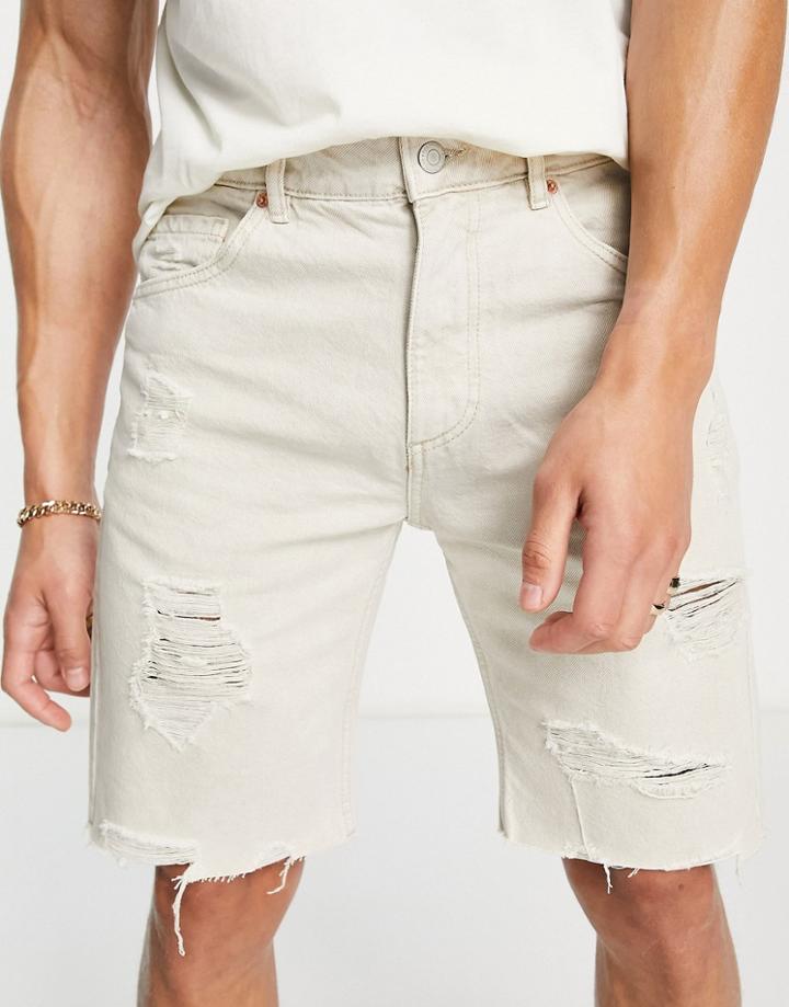 Pull & Bear Garment Dyed Denim Shorts In Stone-neutral