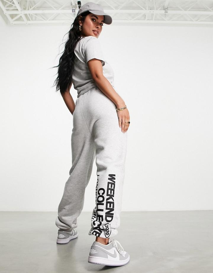 Asos Weekend Collective Sweatpants With Vertical Stacked Graphic In Ice Heather - Part Of A Set-gray