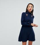Fashion Union Tall High Neck Skater Dress With Contrast Shirred Collar And Cuffs - Navy