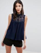 The English Factory Sleeveless Lace Detail Top With Tie - Navy