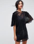 Asos Delicate Lace Patchwork Flutter Sleeve Mini Dress-black