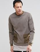 Asos Sweatshirt With Woven Pockets In Khaki