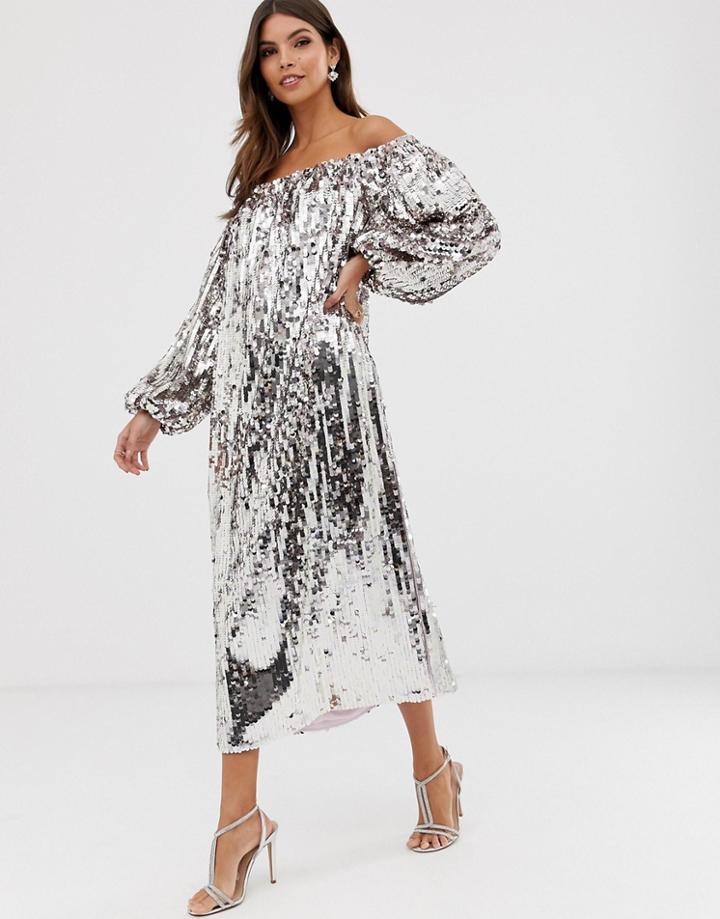 Asos Edition Off Shoulder Sequin Midi Dress - Purple