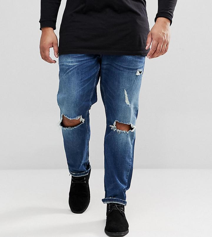 Only & Sons Plus Slim Fit Jeans With Open Knee Rips - Blue