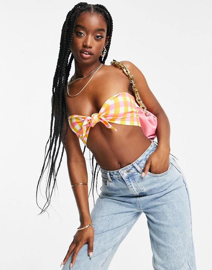 Asos Design Tie Front Bandeau Top In Gingham Print - Part Of A Set-multi
