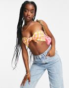 Asos Design Tie Front Bandeau Top In Gingham Print - Part Of A Set-multi