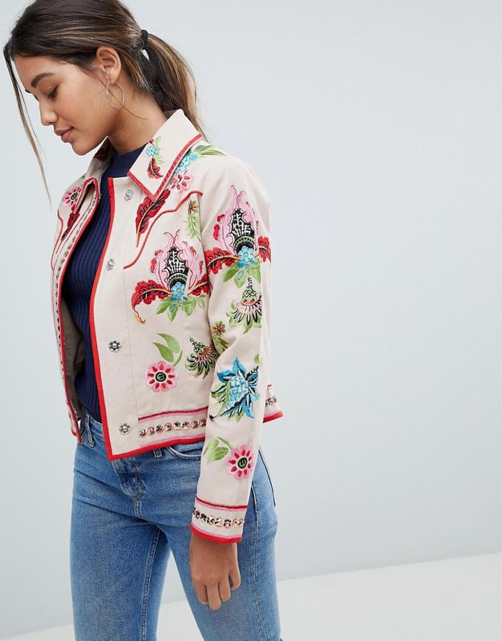 Asos Embroidered Canvas Jacket - Pink