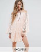 Reclaimed Vintage Inspired Off The Shoulder Swing Dress In Lace - Pink