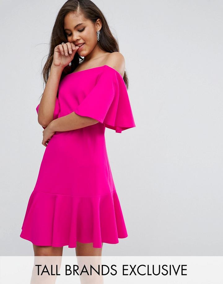 John Zack Tall Off Shoulder Mini Dress With Fluted Hem Detail - Pink