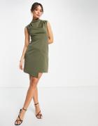 Closet London High Neck Wrap Skirt Mini Dress In Olive-green