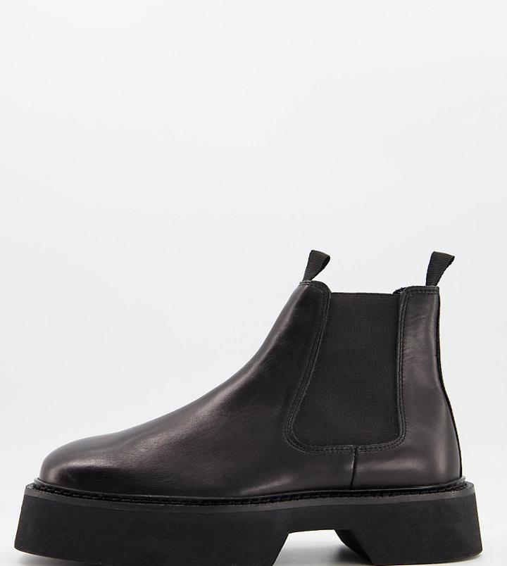 Asos Design Wide Fit Chelsea Square Toe Boots In Black High Shine Leather