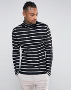 Asos Rib Stripe Extreme Muscle Long Sleeve T-shirt With Roll Neck - Black