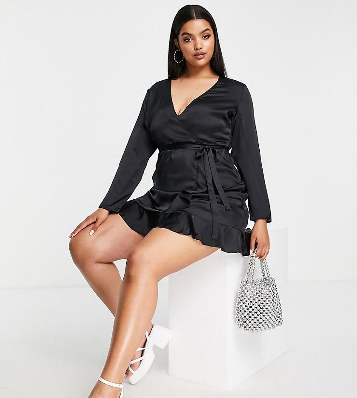 Missguided Satin Wrap Tie Waist Mini Dress In Black