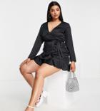 Missguided Satin Wrap Tie Waist Mini Dress In Black
