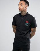 Asos Longline Muscle Polo Shirt With Embroidered Rose Logo - Black