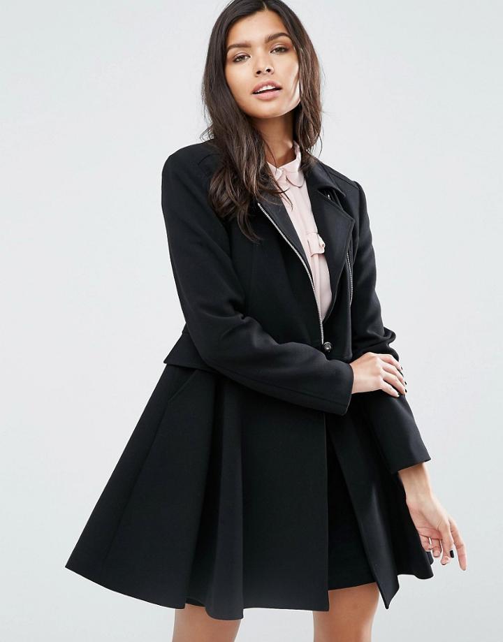 Asos Skater Biker Coat With Storm Flap Detail - Black