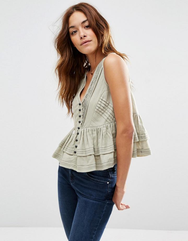Asos Tiered Button Through Sun Top - Green