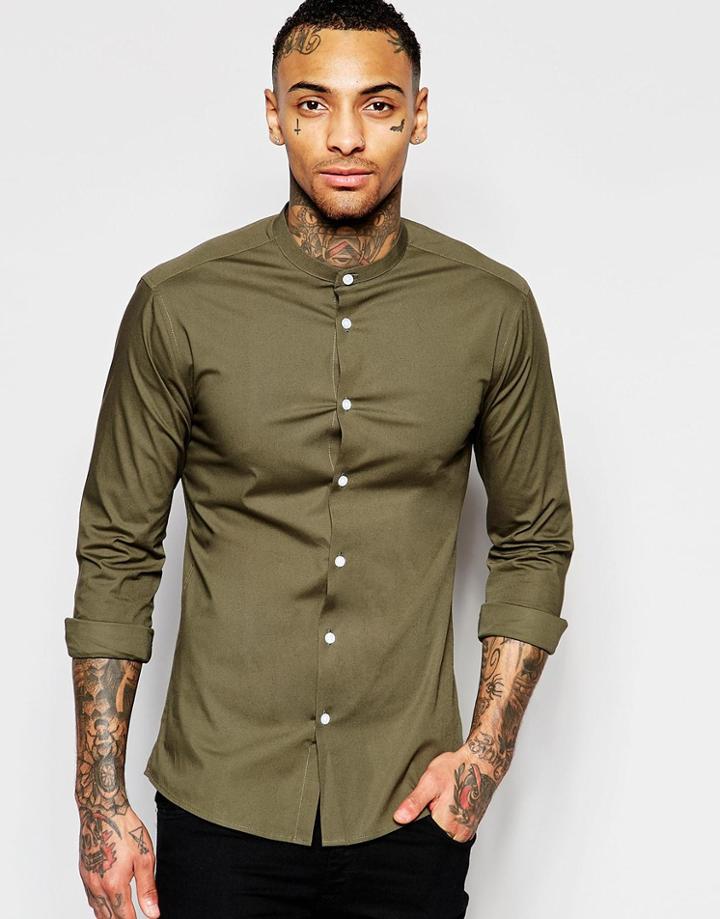 Asos Skinny Shirt In Khaki With Grandad Collar - Khaki
