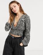 Miss Selfridge Animal Print Long Sleeve Blouse In Mono-multi