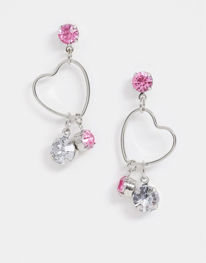 Asos Design Earrings With Open Heart And Crystal Charms In Silver Tone