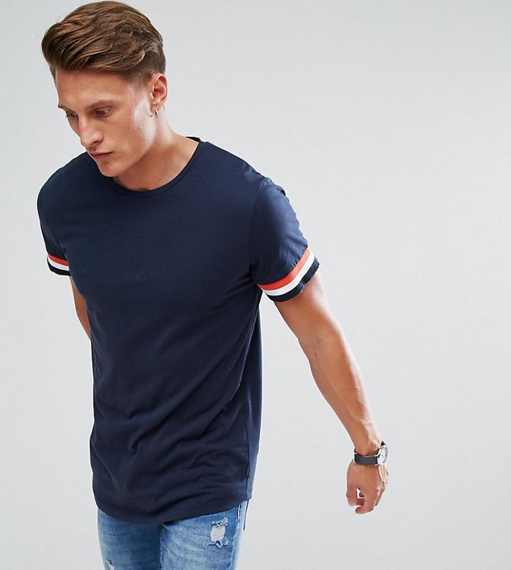 Jack & Jones T-shirt With Stripe Cuff And Curved Hem - Navy