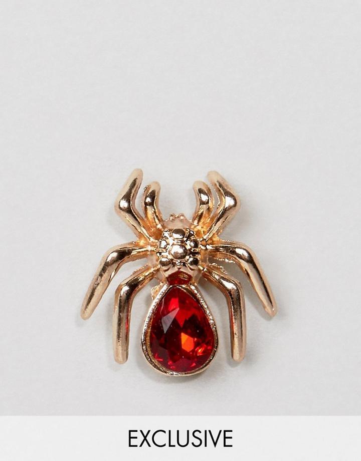 Reclaimed Vintage Inspired Spider Brooch With Red Glass - Gold