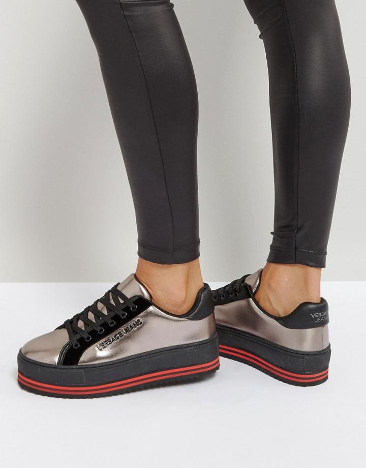 Versace Jeans Metallic Flatform With Contrast Stripe Sole - Brown