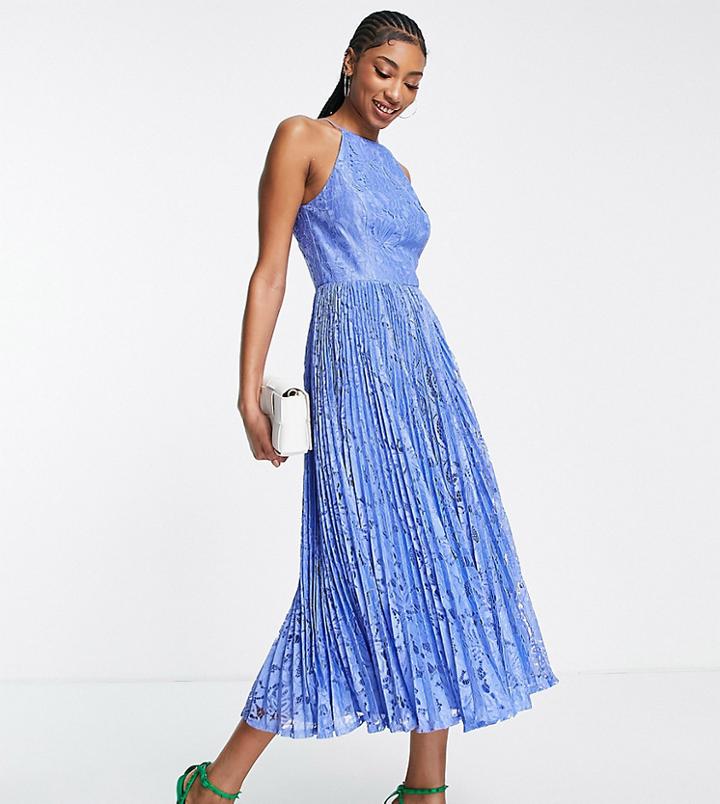 Asos Design Tall Pinny Midi Prom Dress With Pleated Lace In Blue