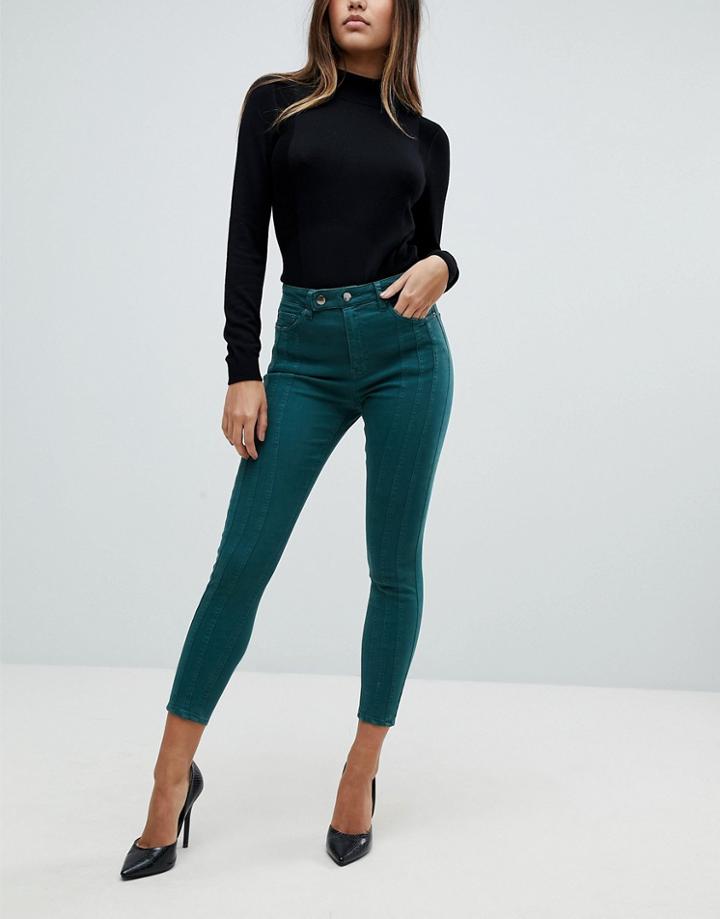 Asos Ridley High Waist Skinny Jeans With Front Seam Detail And Extended Button Tab In Dark Forest Green - Green