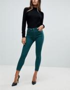 Asos Ridley High Waist Skinny Jeans With Front Seam Detail And Extended Button Tab In Dark Forest Green - Green