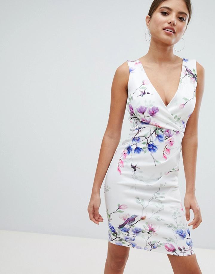 Jessica Wright Printed Pencil Dress With Side Ruched Detail - White