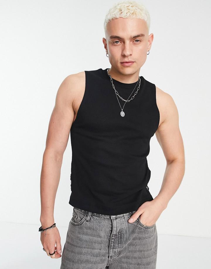 Asos Design Muscle Ribbed Tank Top With Hook And Bar Detail In Black - Part Of A Set