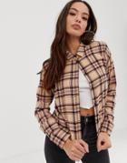 Asos Design Cropped Long Sleeve Shirt In Brown Check-multi