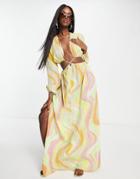 Asos Design Cut Out Lattice Waist Maxi Beach Dress In Swirl Print-multi