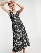 River Island Knot Front Floral Midi Dress In Black