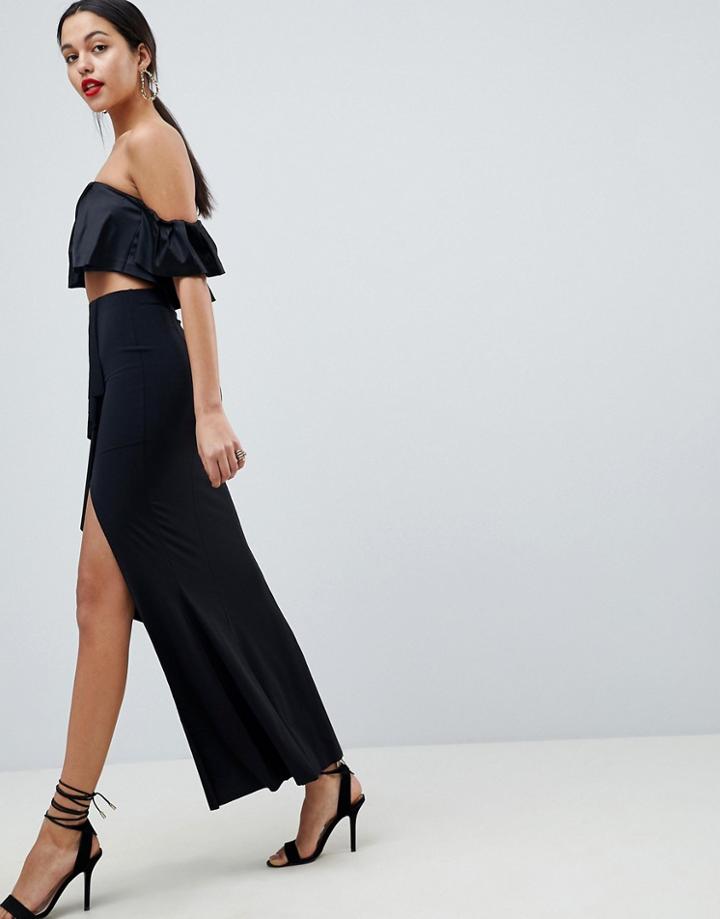 Asos Design Slinky Maxi Skirt With Split And Front Ruffle - Black