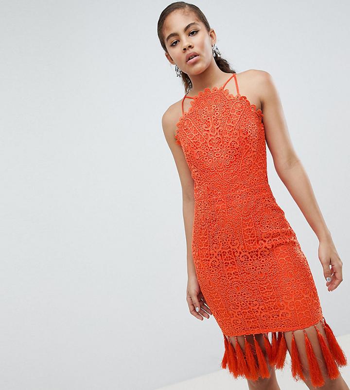 Chi Chi London Tall Lace Detail Pencil Midi Dress With V Back - Orange