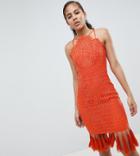 Chi Chi London Tall Lace Detail Pencil Midi Dress With V Back - Orange