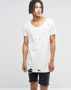 Asos Super Longline T-shirt With Extreme Distress In Off White - White Cap Gray