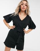 Asos Design Mini Dress With Bubble Sleeve And Tie Belt In Black