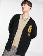 Mennace Varsity Knit Cardigan In Black With Green Embroidery