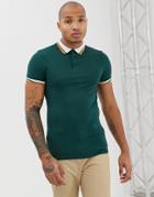 Asos Design Organic Muscle Fit Polo Shirt With Contrast Tipping In Green - Green