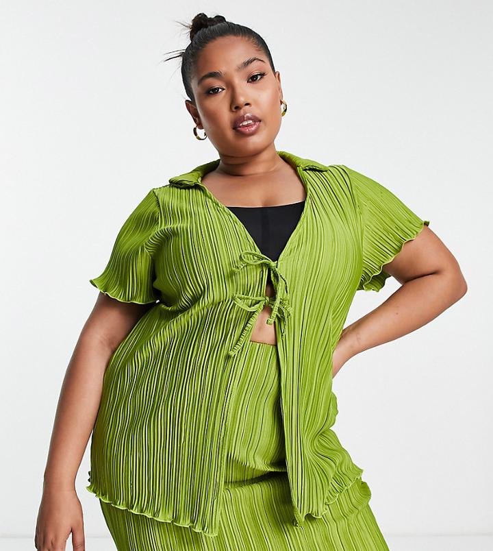 River Island Plus Plisse Buckle Front Top In Green - Part Of A Set