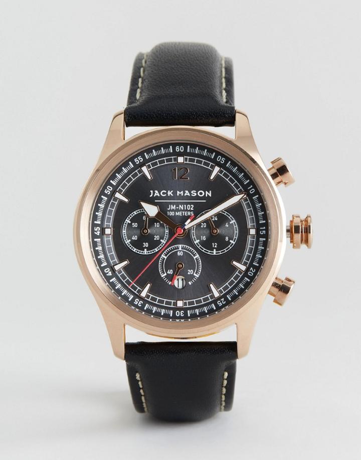 Jack Mason Nautical Chronograph Leather Watch In Black 42mm - Black