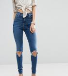 Asos Design Tall Ridley Skinny Jeans In Roy Dark Stonewash With Busted Knees - Blue