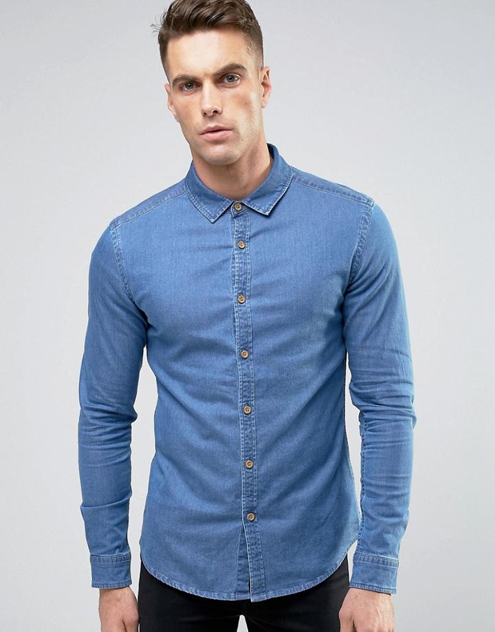 Asos Skinny Denim Shirt In Mid Wash - Blue