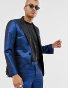 Asos Design Slim Tuxedo Suit Jacket In Blue Metallic Jacquard - Blue