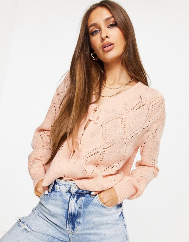 Missguided Pointelle Cardigan With Tie Front In Rose-pink