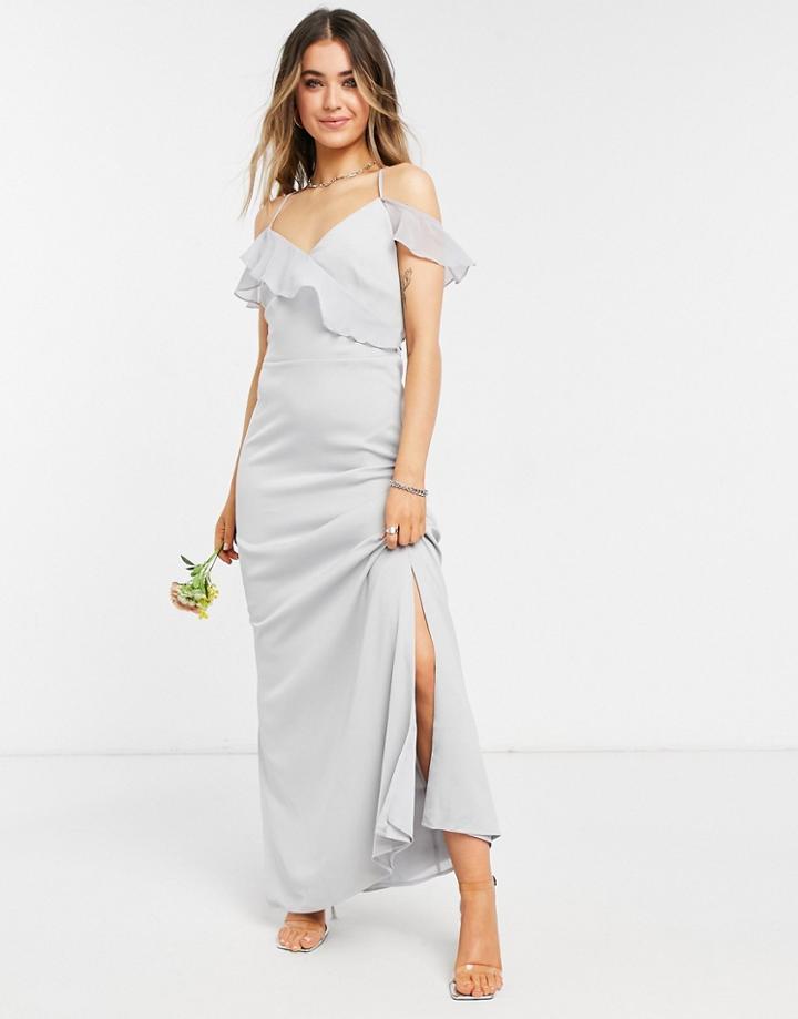 Oasis Bridesmaid Ruffle Satin Maxi Dress In Pale Gray-grey